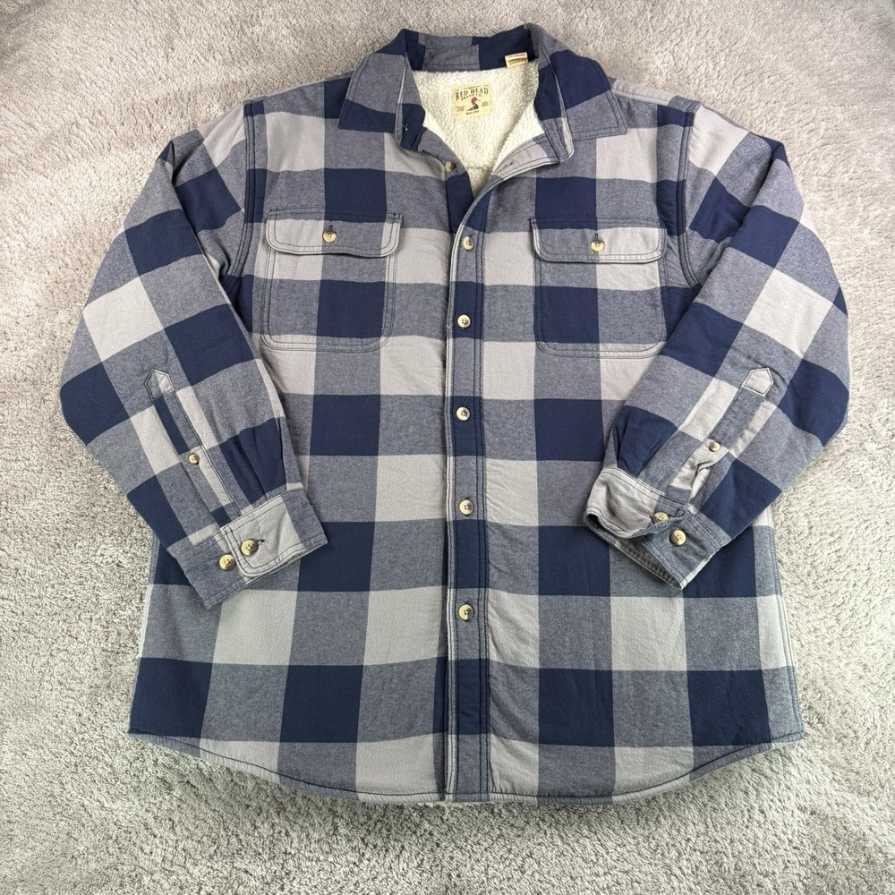 RedHead Brand Co Mens L Sherpa Lined Flannel Shirt Jacket Blue Plaid Cotton